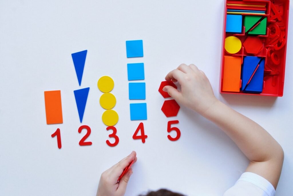 The child learns Number line and geometric shapes